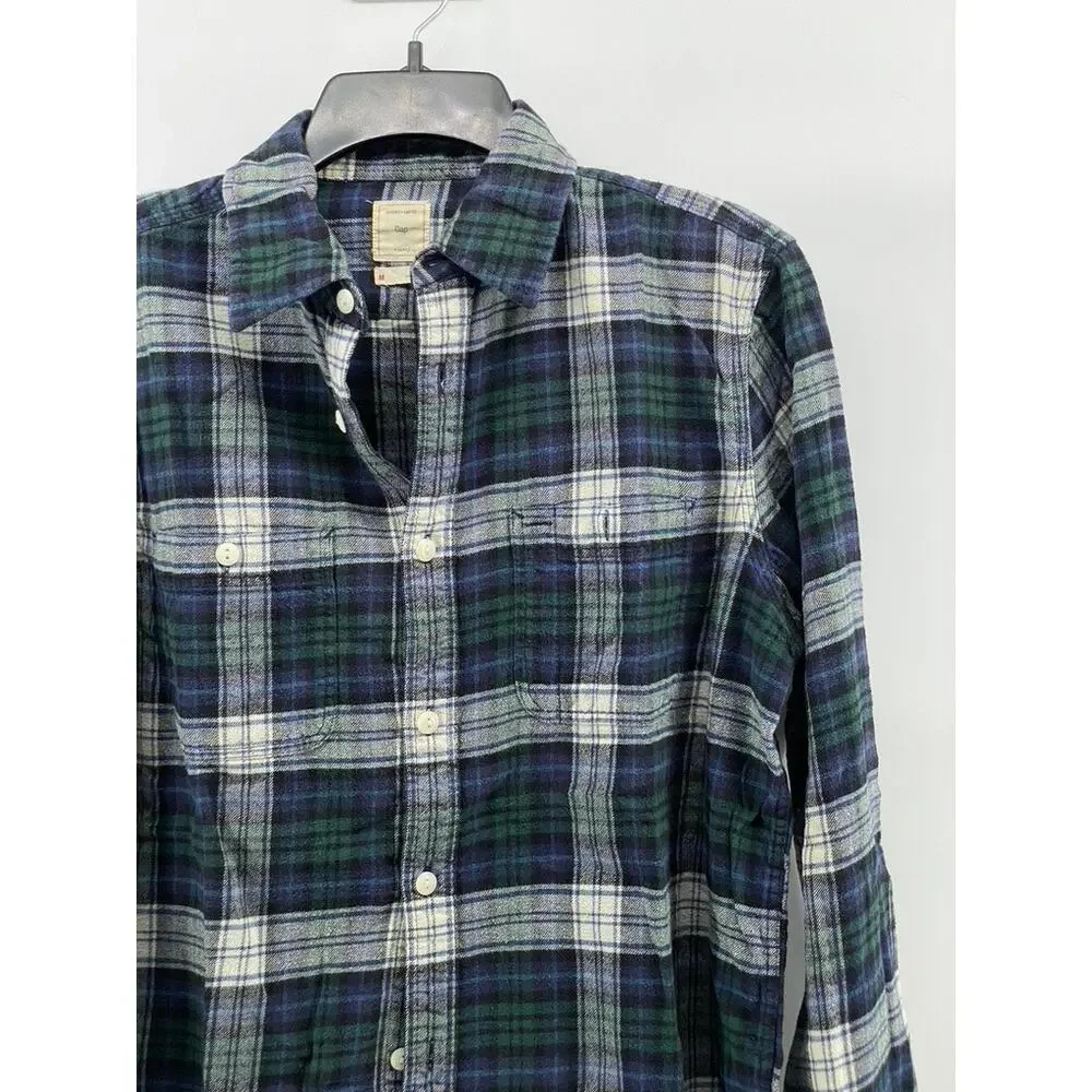 GAP Men's Blue-Green Plaid Button-Up Regular-Fit Long Sleeve Flannel Shirt SZ M - Picture 3 of 10